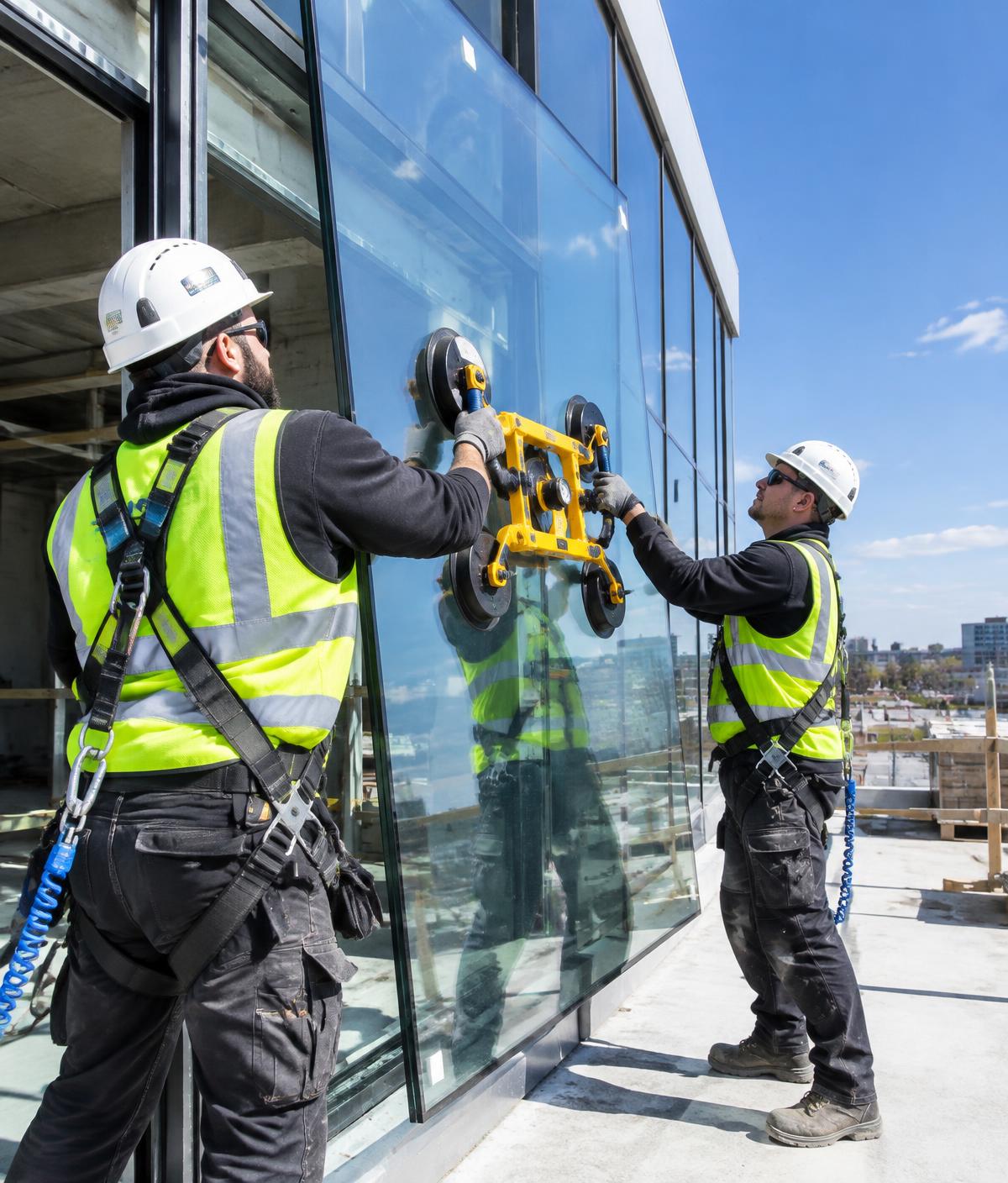 Glaziers installing a large frameless glass panel